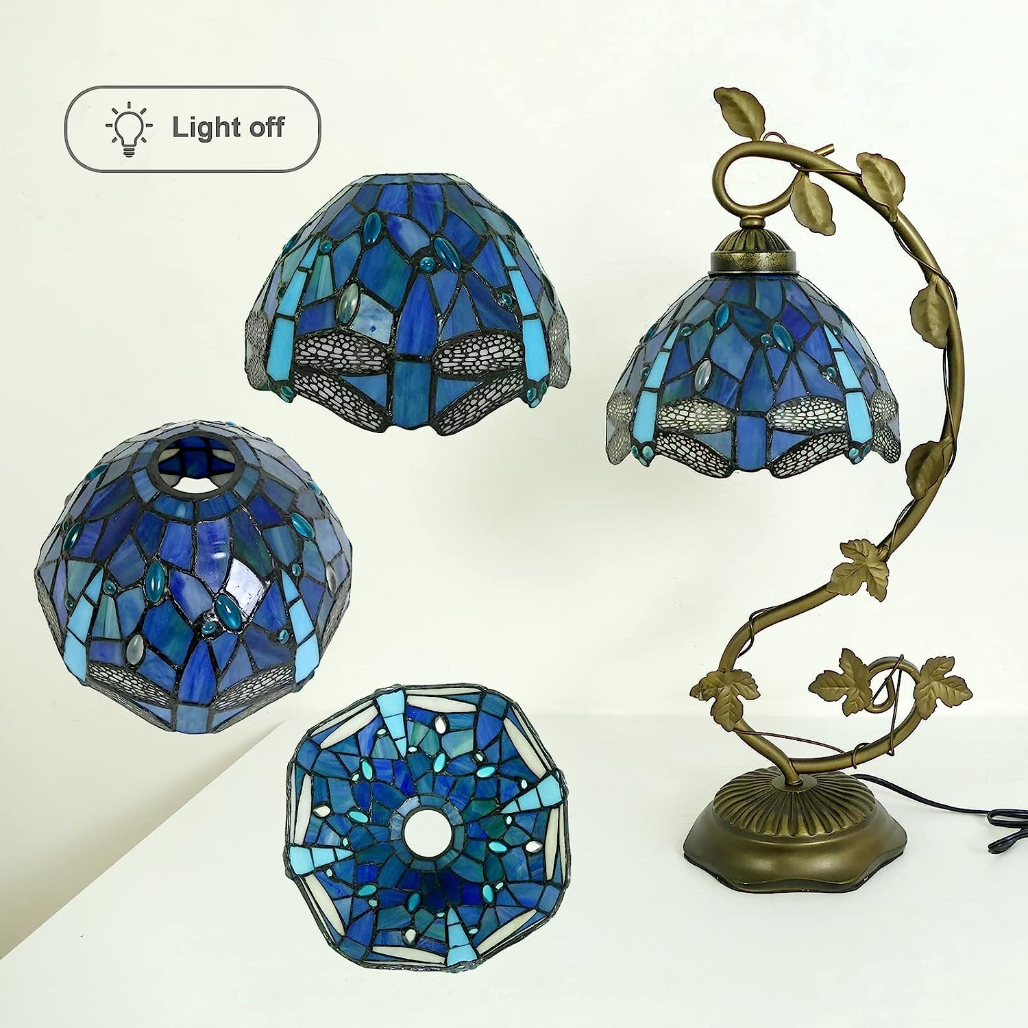 SHADY  Style Table Lamp 8x10x21 Inch Sea Blue Dragonfly Handmade Stained Glass Desk Lamp with Metal Leaf Iron Decor Vintage Curved Reading Light for Bedside  Living Room  Office (L
