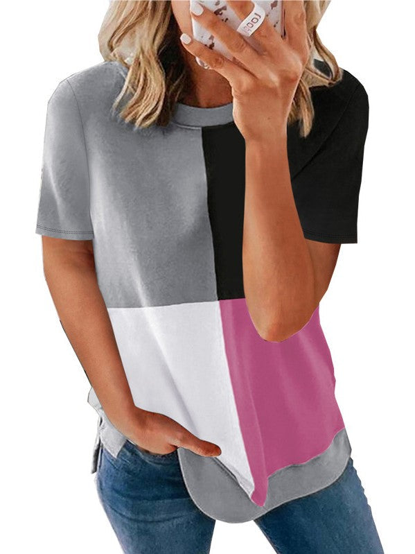 Casual Colorblock Top Crew Neck T Blood