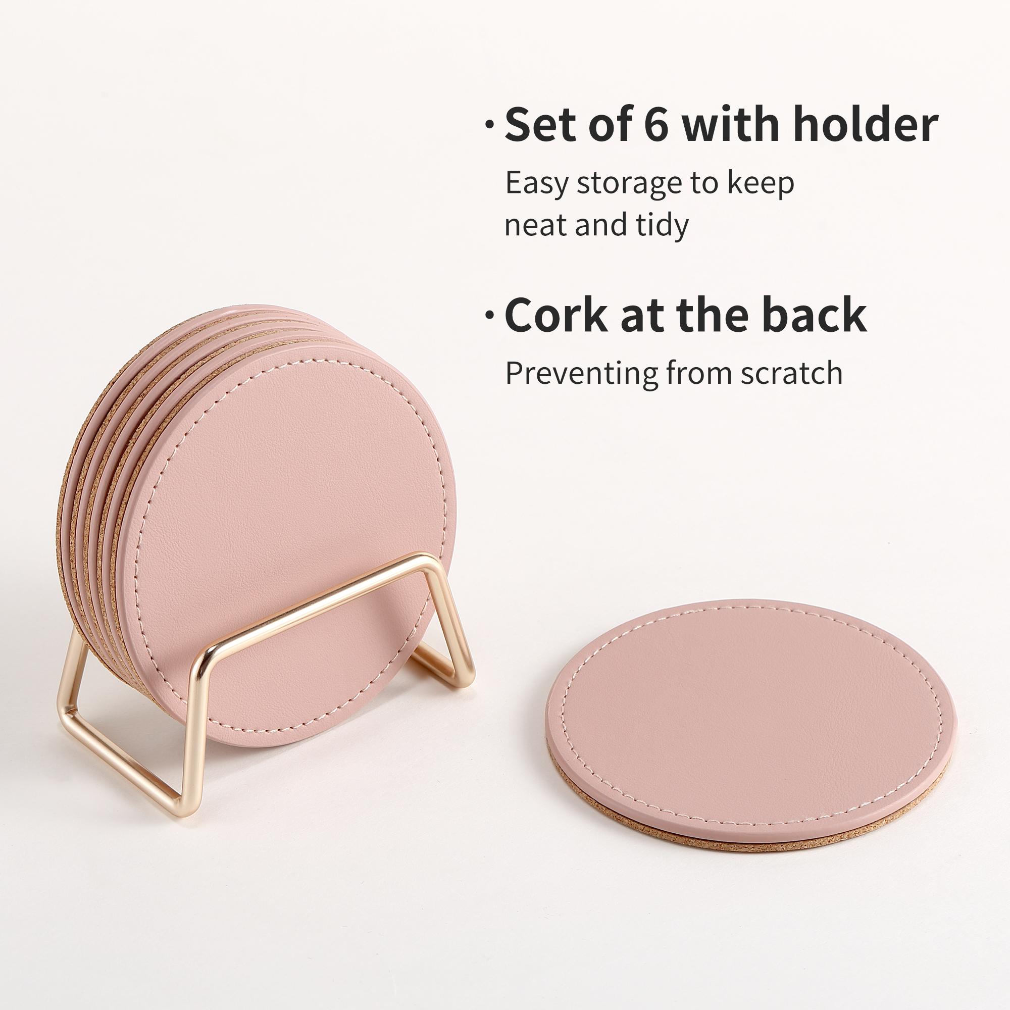 Casegrace Set of 6 Leather Coasters With Metal Holder Home Decorative Waterproof Cup Mat Kitchen Desktop Drink Coaster Set with Cork Base Pink