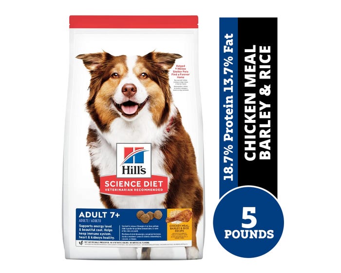 Hills Science Diet Adult 7+ Chicken Meal， Barley  Rice Recipe Dry Dog Food， 5 lb. Bag
