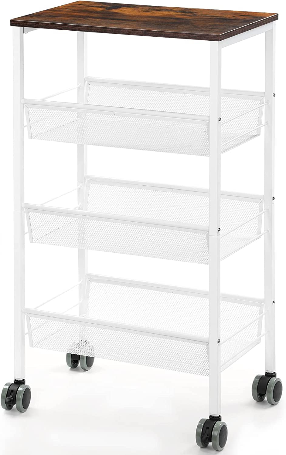 3 Tier Kitchen Storage Rack Cart with Lockable Wheels and Wood Top， White