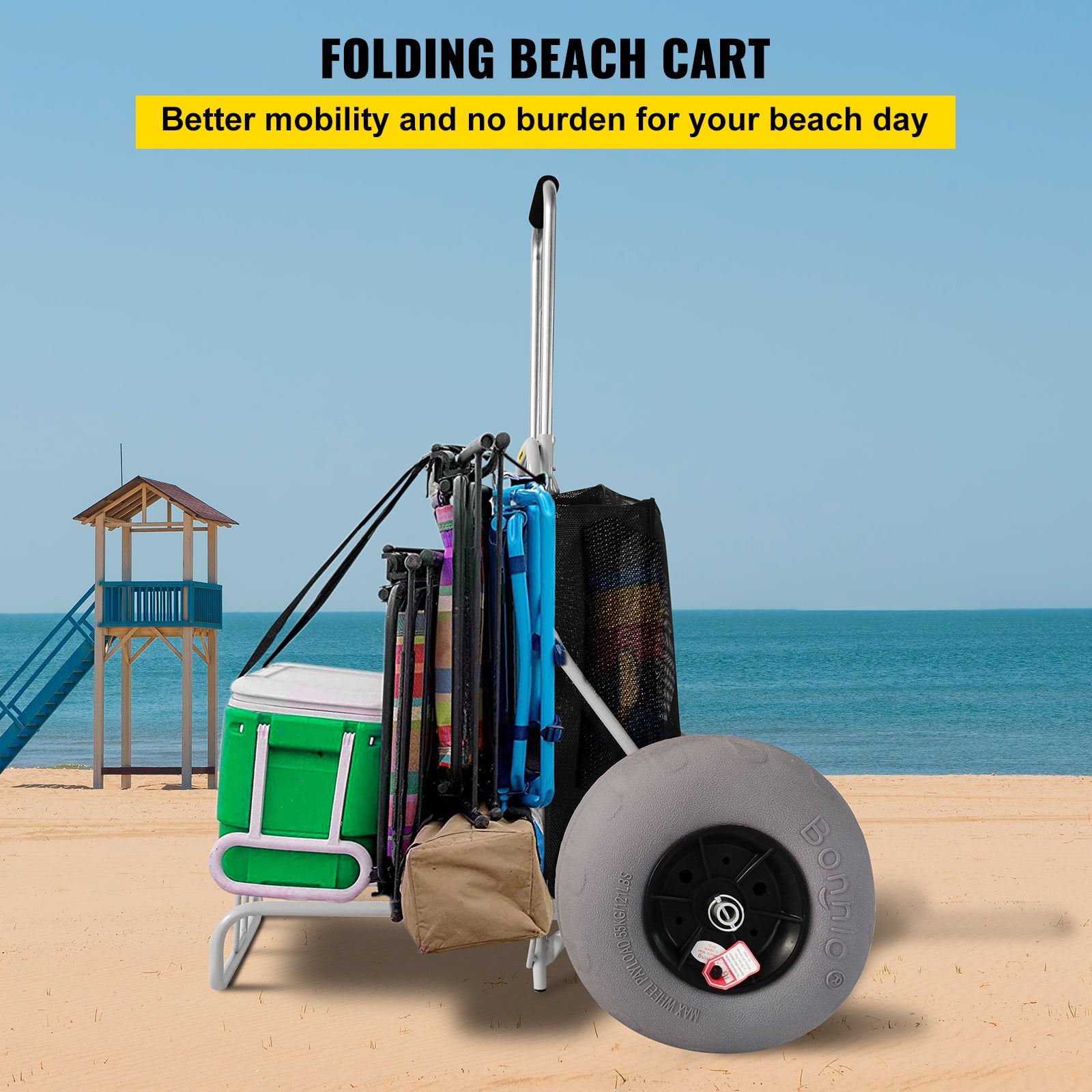 VEVOR Beach Carts&nbsp;for the Sand, w/ 12" TPU Balloon Wheels, 165Lbs Loading Capacity Folding Sand Cart & 29.5'' to 49.2'' Adjustable Height, Heavy Duty Cart for Picnic, Fishing, Beach