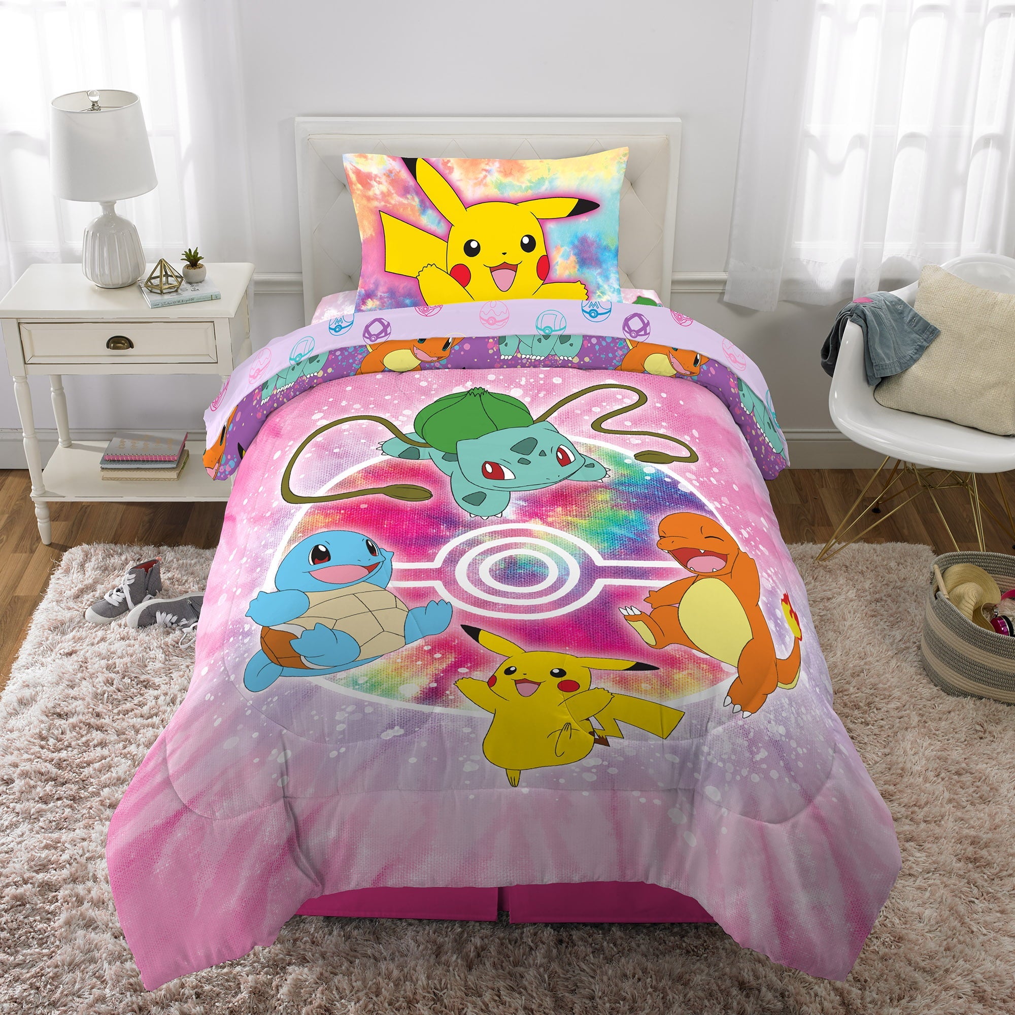 Pokémon Kids Twin Bed in a Bag, Tie-Dye, Gaming Bedding, Comforter and Sheets, Purple