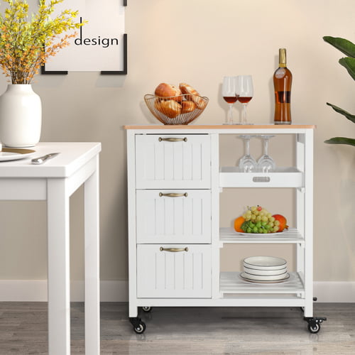 VINGLI Kitchen Island Rolling Storage Cart with 3 Drawer 3 Tier Holder Serving Bar Cart Coffee Bar Small Kitchen Microwave Trolley with Natural Solid Wood Top Caster Home Furniture， White