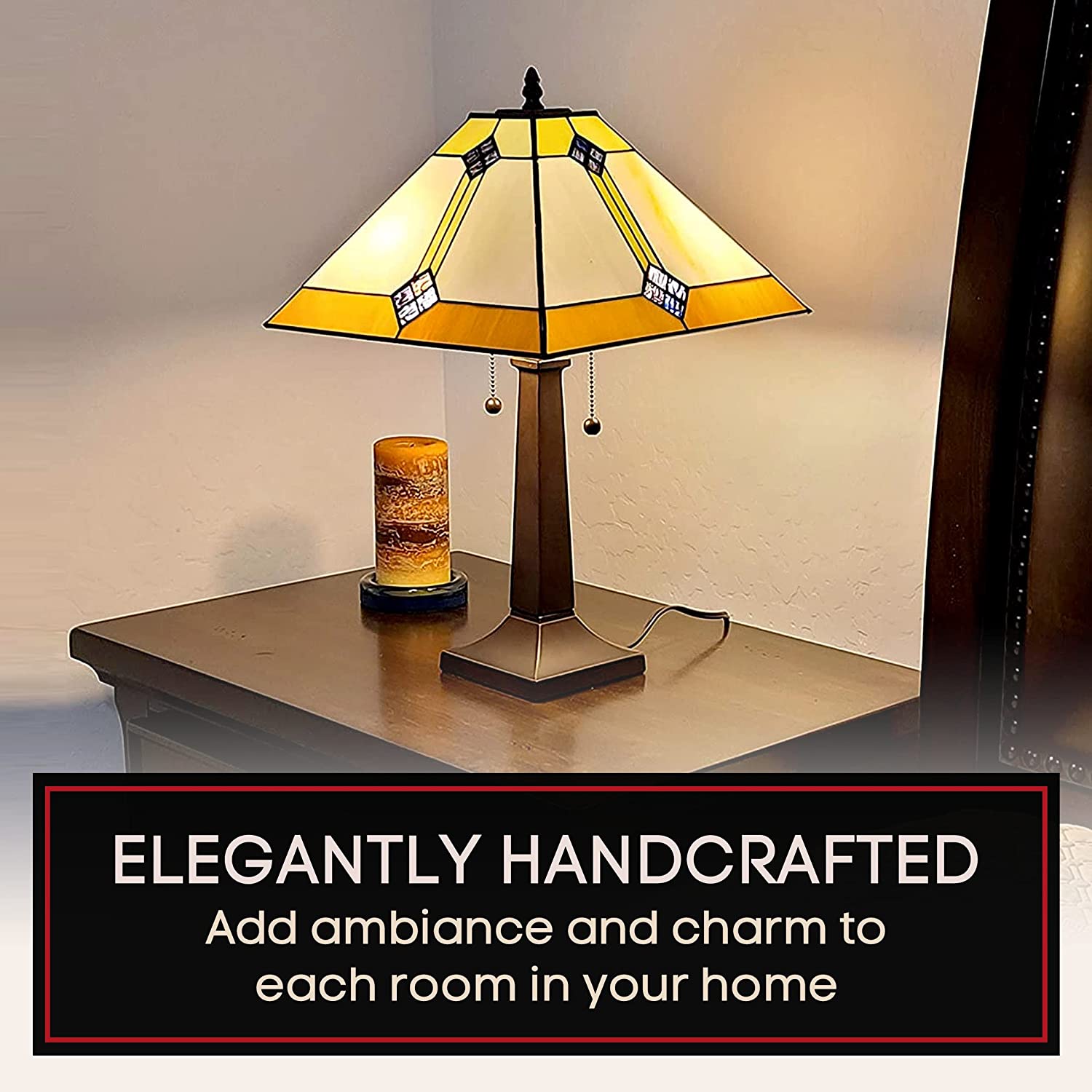 SHADY Vintage  Table Lamp -Geometric  Table Night Light -Yellow and Brown Glass Nightstand Lamp -21\u201D Tall Stained Glass Lamp