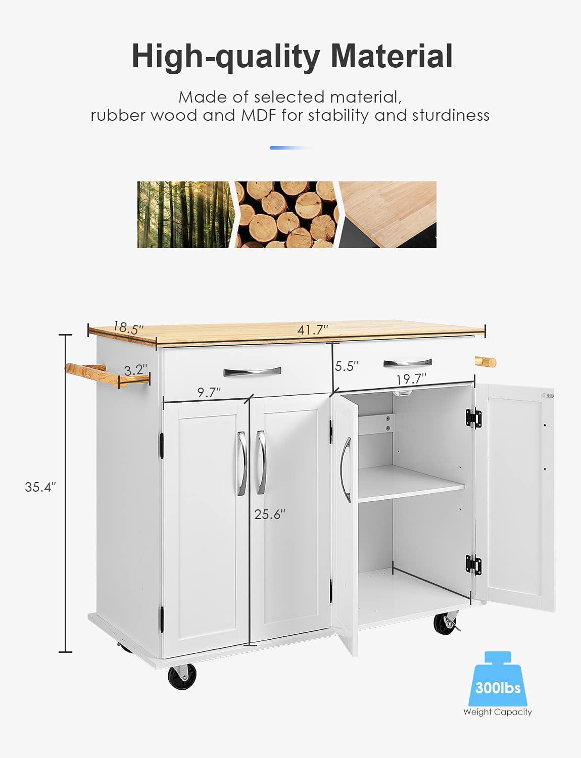 Homfa Kitchen Island on Wheels， Rolling Island Cart with Lockable Casters， Handle Towel Rack and 2 Drawers， White