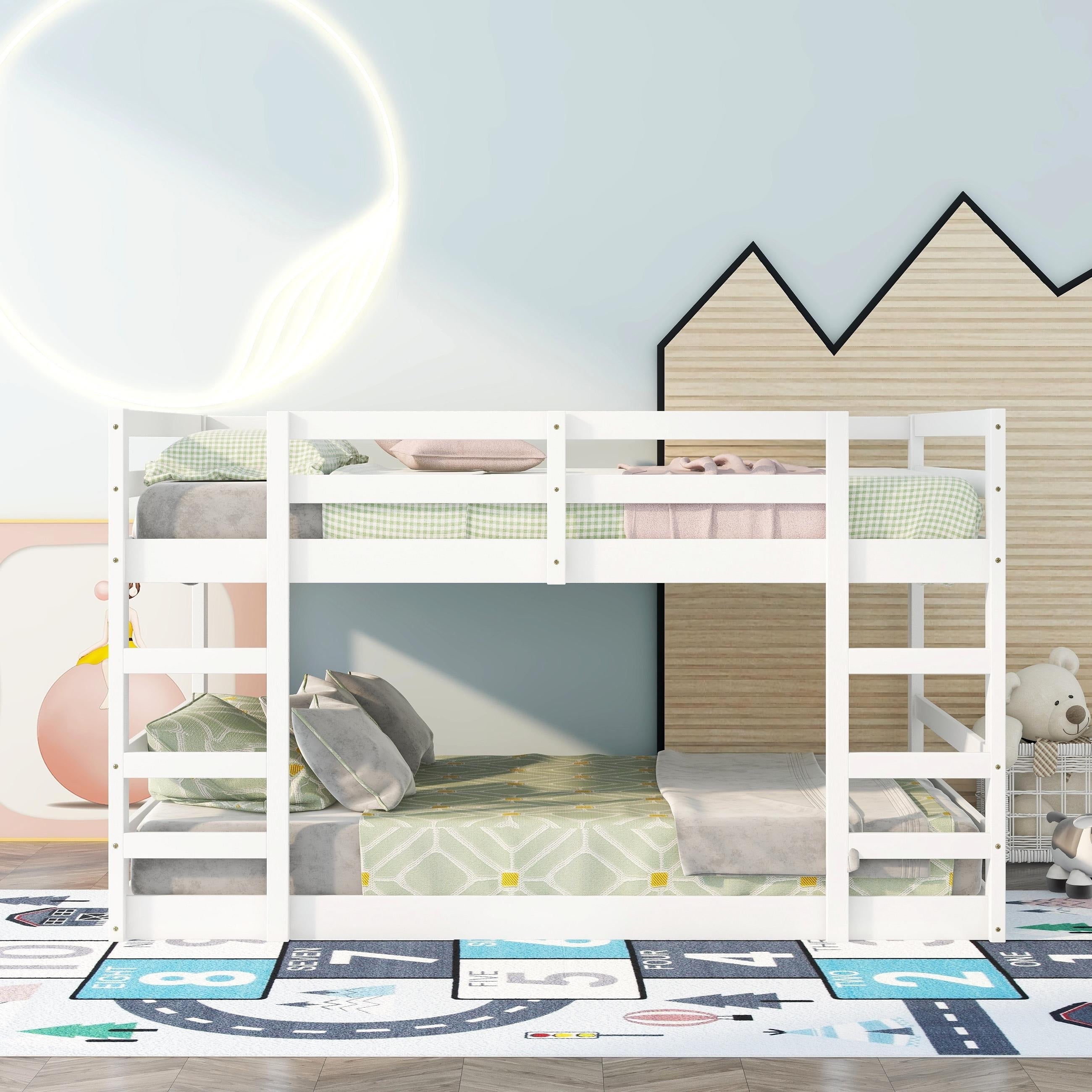 Bellemave Low Twin Over Twin Bunk Beds, Juniors Floor Bunk Bed with Ladder and Guardrails, Wood Twin Bunk Bed for Kids Teens Girls & Boys, White