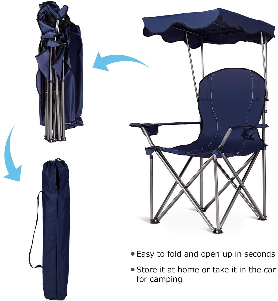 Beach Chair with Canopy Shade, Folding Lawn Chair with Umbrella Cup Holder & Carry Bag, Portable Sunshade Chair for Adults for Outdoor Travel Hiking Fishing, Blue