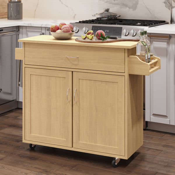 Kitchen Island with Spice Rack and Storage Cabinet - Rolling Cart with Drawers to Use as Coffee Bar， Microwave Stand， or Storage by Lavish Home (Oak)