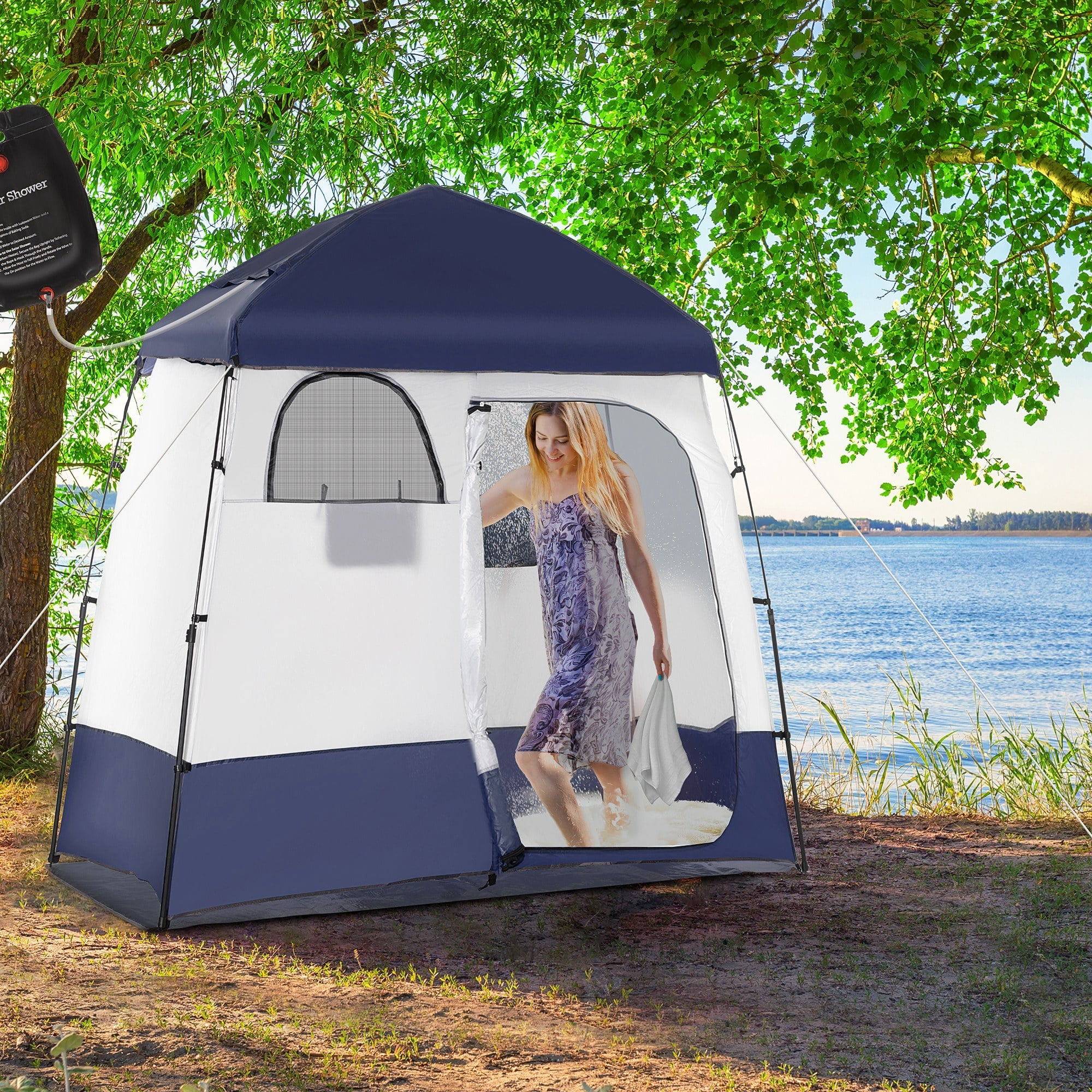Outsunny Shower Tent, Pop Up Privacy Shelter for Camping, Dressing Changing Room, Portable Instant Outdoor Shower Tent Enclosure w/ 2 Rooms, Shower Bag, Floor and Carrying Bag, Blue