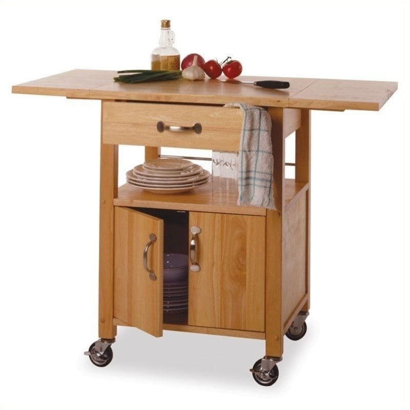 Pemberly Row Butcher Block Kitchen Cart with Drop Leaf in Natural Finish