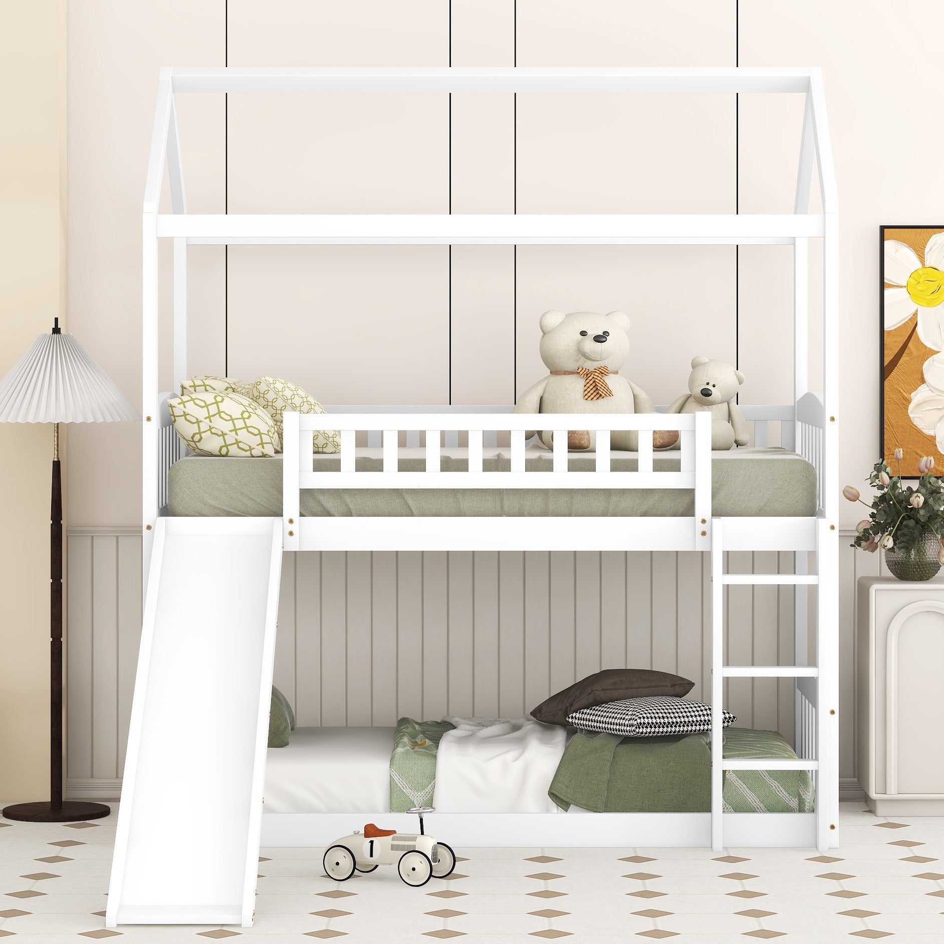 Bellemave Bunk Bed with Slide, Wood Twin Over Twin House Bed Frame with Ladder for Kids Teens(White)