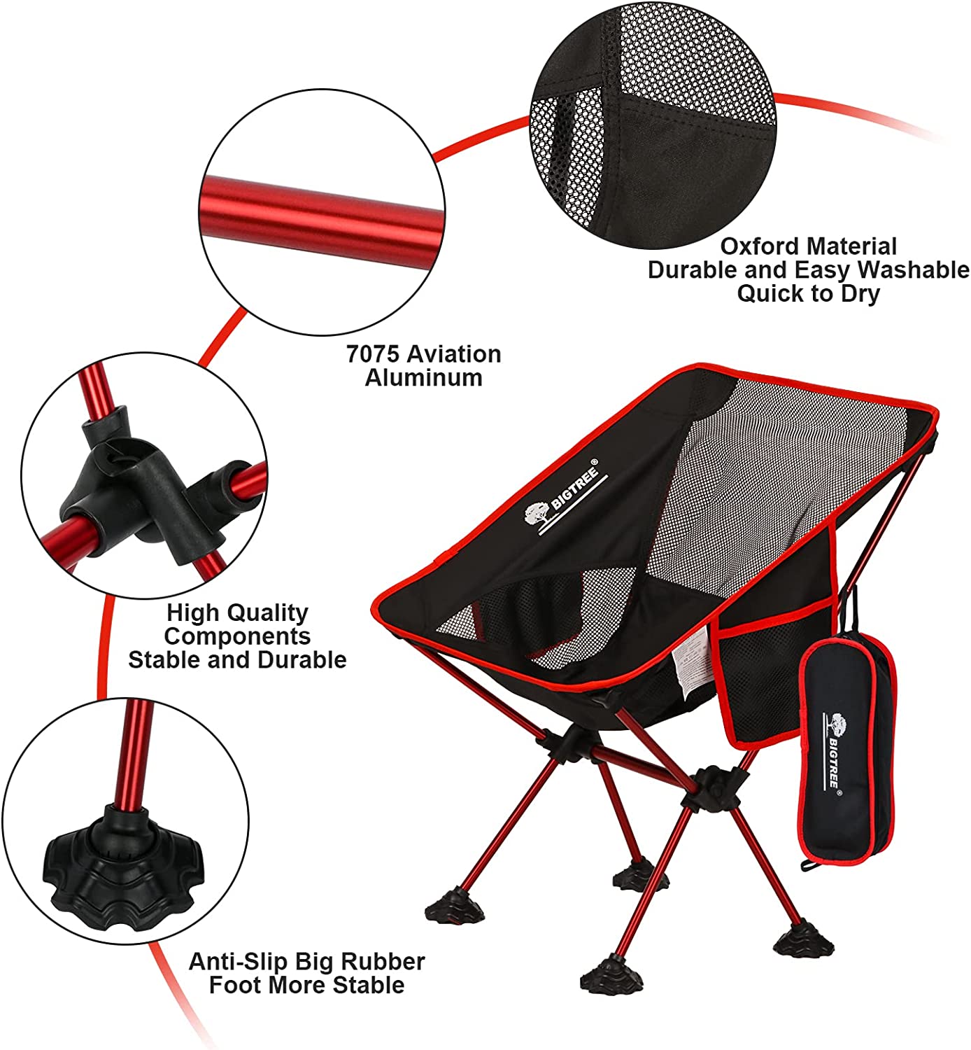BIGTREE Folding Camping Chair Travel Seat Side Pocket Super Compact Light Fishing Picnic Red