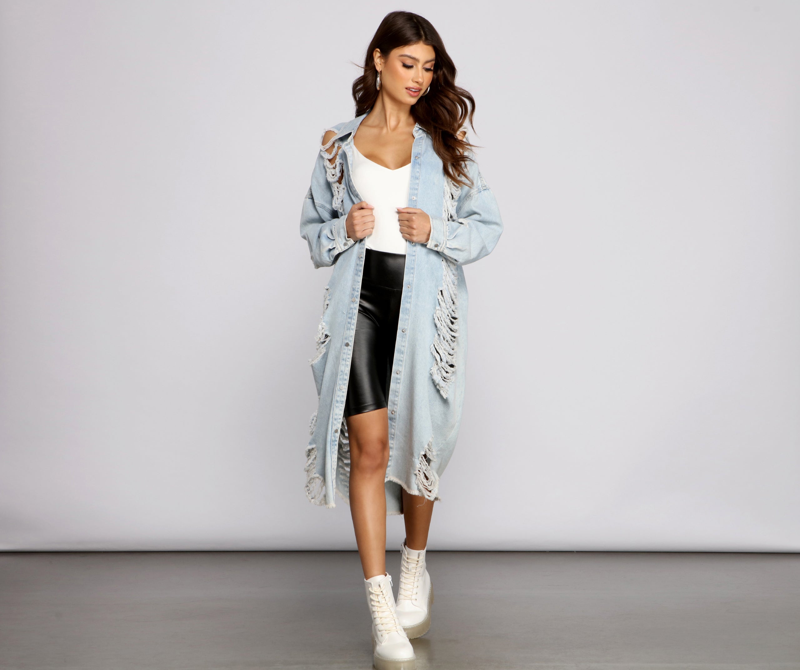 Destroyed Denim Long Line Jacket