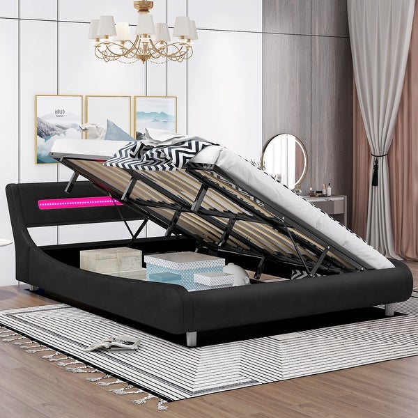 Queen Size Upholstered Storage Platform Bed with Adjustable Headboard LED Light and Inner Storage Shelf