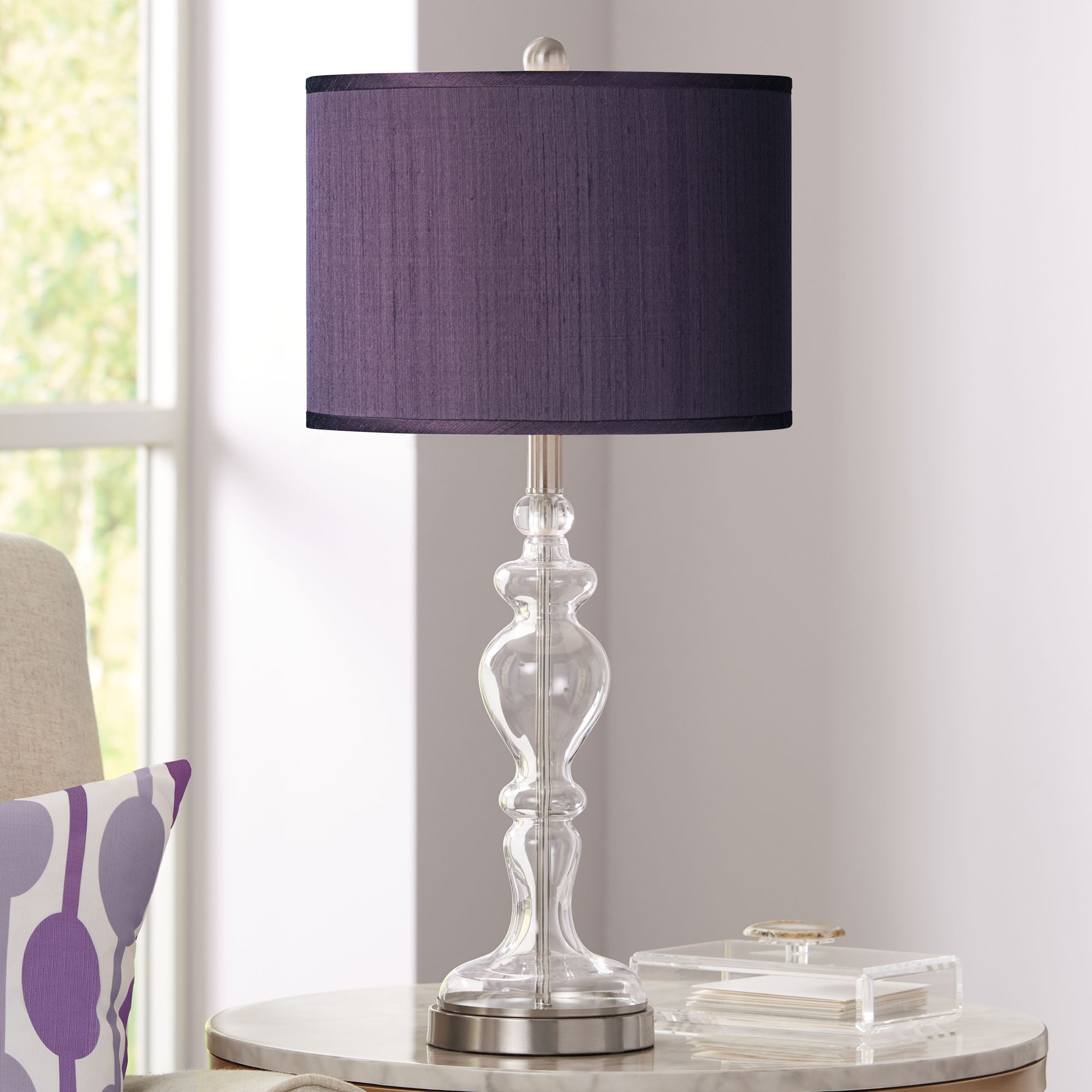 Possini Euro Design Modern Table Lamp 28" Tall Clear Glass Apothecary Eggplant Purple Faux Silk Fabric Drum Shade for Bedroom Living Room House Office