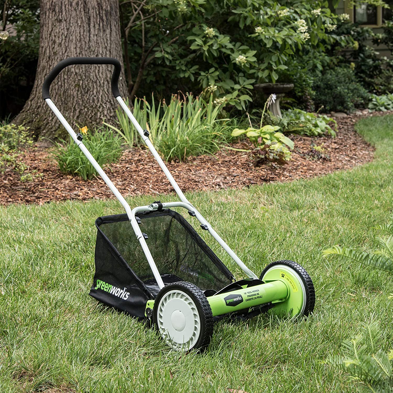 Greenworks 16-Inch Reel Lawn Mower with Grass Catcher 25052，Black/Green， 47