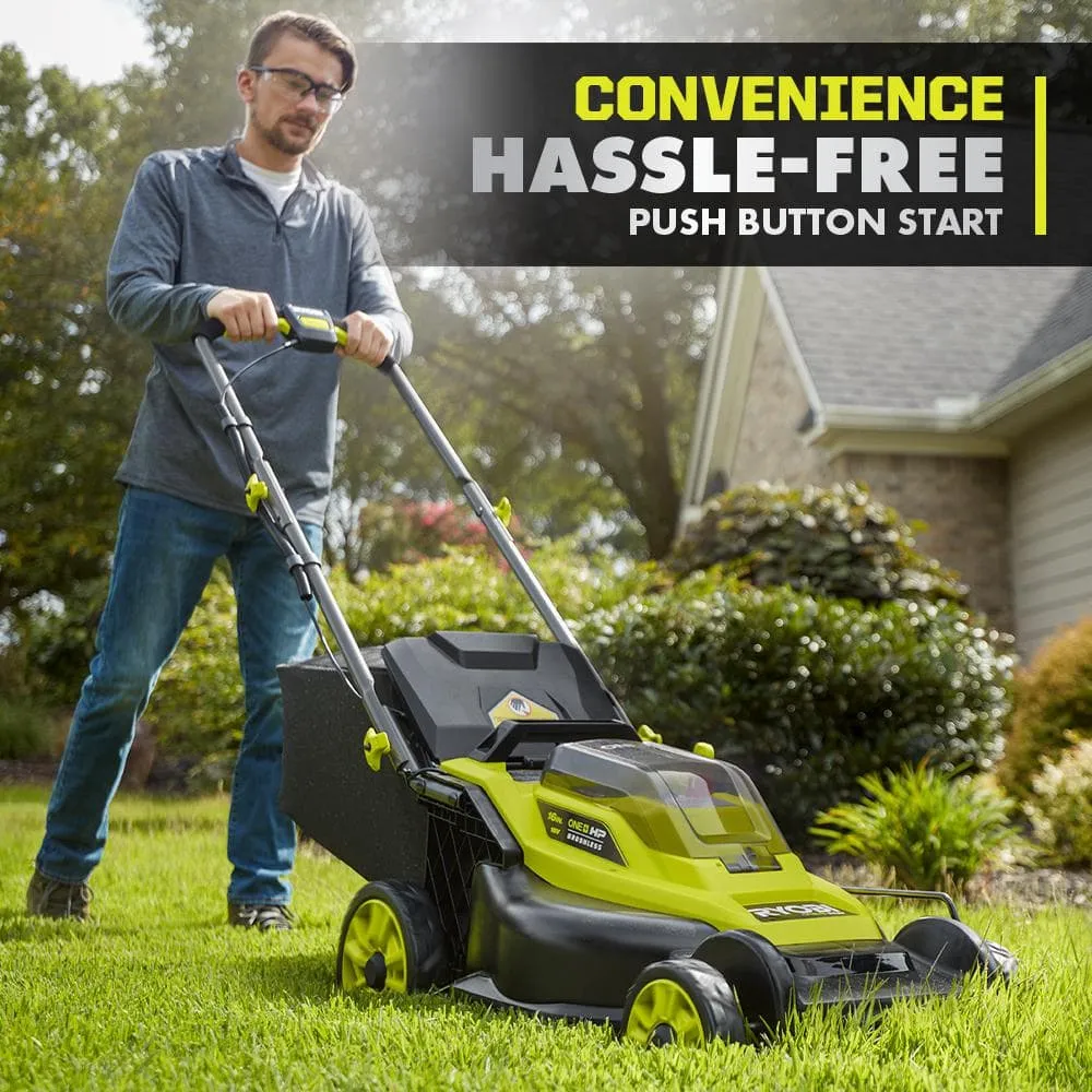 RYOBI ONE+ HP 18V Brushless 16 in. Cordless Battery Walk Behind Push Lawn Mower with (2) 4.0 Ah Batteries and (1) Charger P1190