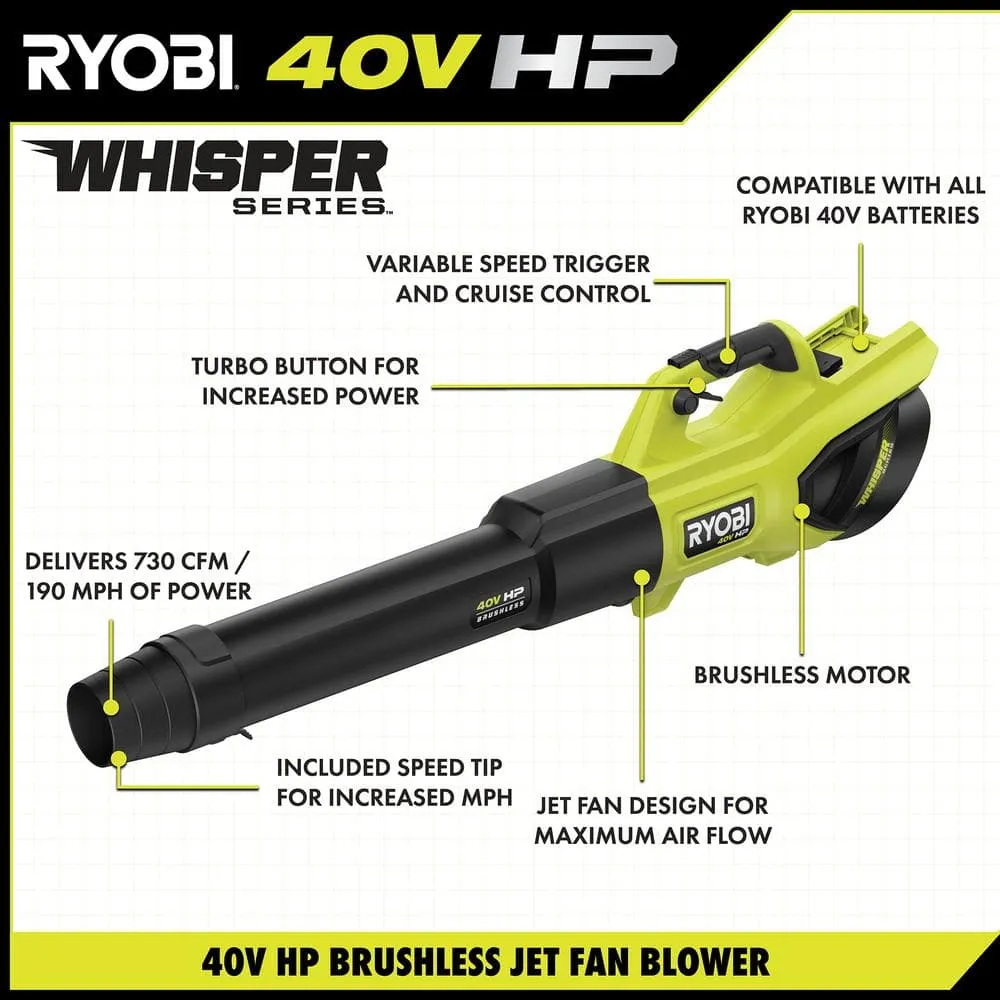 RYOBI 40V HP Brushless Whisper Series 190 MPH 730 CFM Cordless Battery Jet Fan Leaf Blower with (2) 4.0 Ah Batteries & Charger RY404100