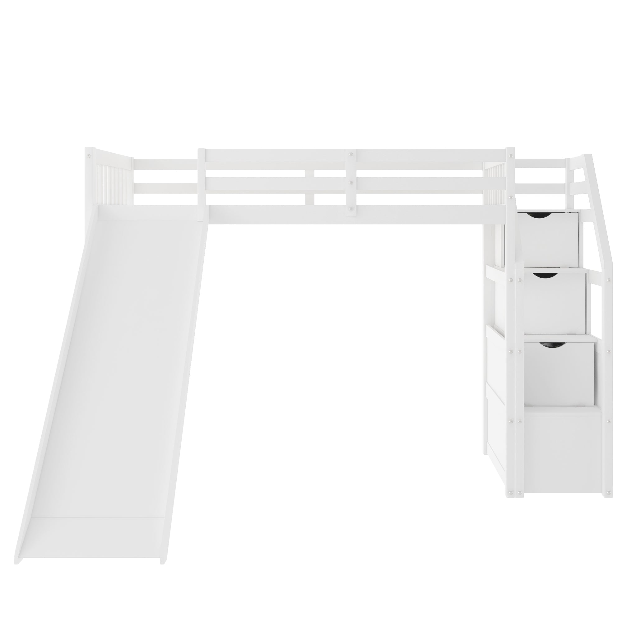 Euroco Wood Twin Size Loft Bed with Slide and Drawers for Child, White