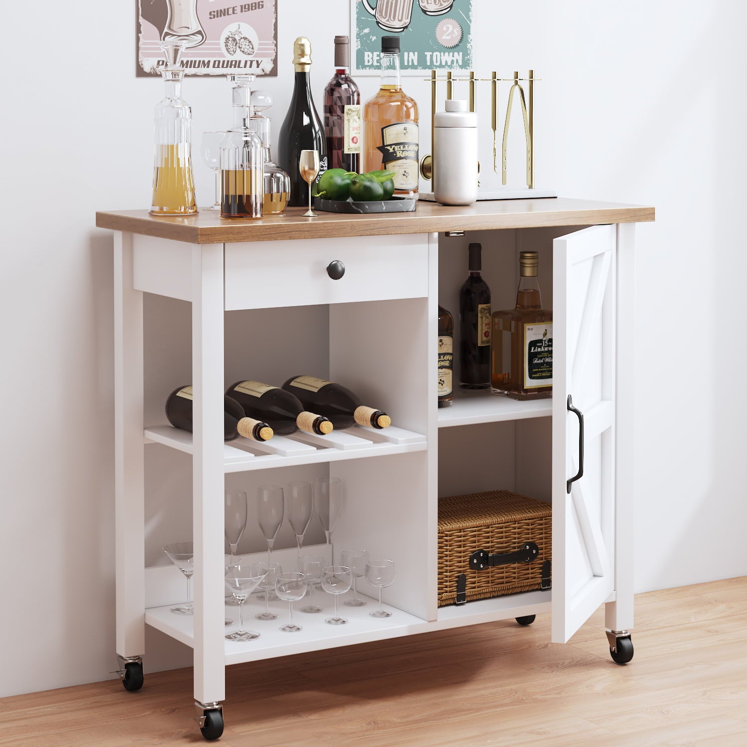 Catrimown Farmhouse Kitchen Island Cart with Storage， Microwave Cart， Microwave Stand， Coffee Bar Stand， White