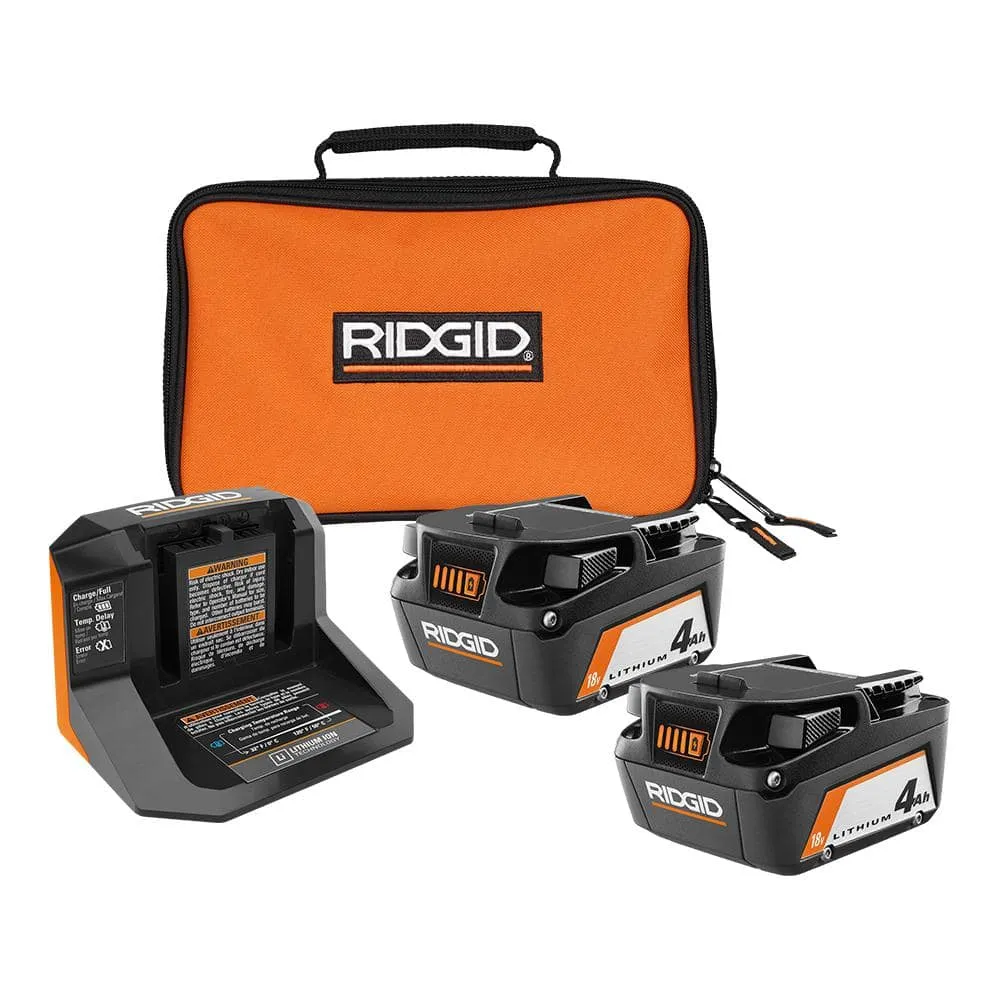 RIDGID 18V Lithium-Ion (2) 4.0 Ah Battery Starter Kit with Charger and Bag AC93044SBN