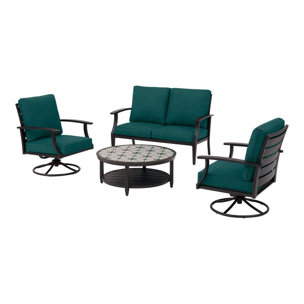 Hampton Bay Ellington 4-Piece Steel Outdoor Seating Set with CushionGuard Malachite Green Cushions FM20-HD54