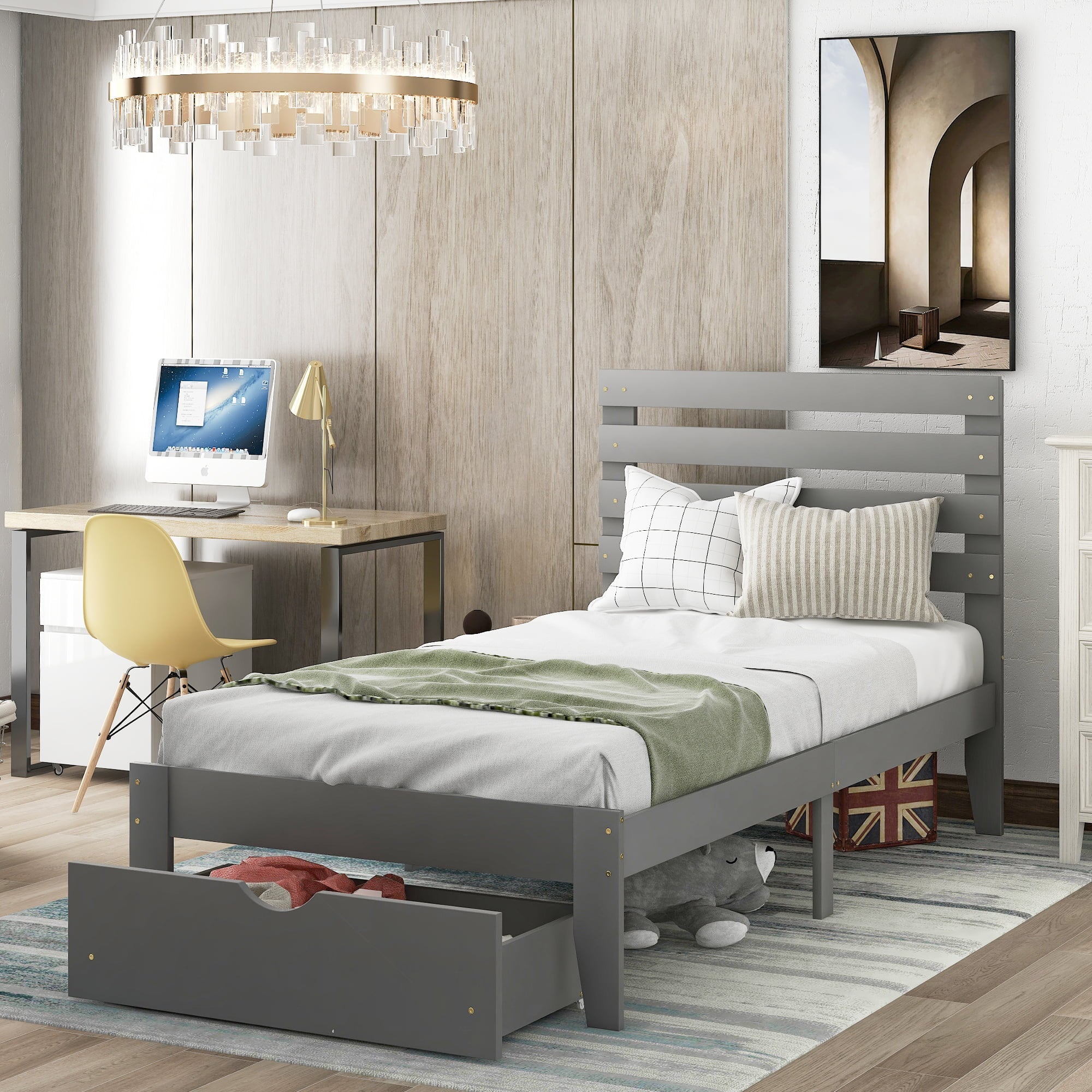 Euroco Twin Wooden Platform Bed with Drawer for Kids, Gray