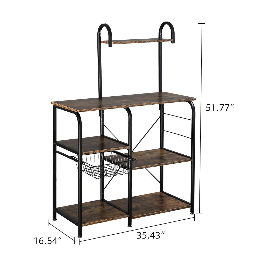 Ktaxon 5-Tier Bakers Rack， Kitchen Utility Microwave Oven Stand with Storage Shelves，10 Hooks and Metal Basket， Vintage Brown