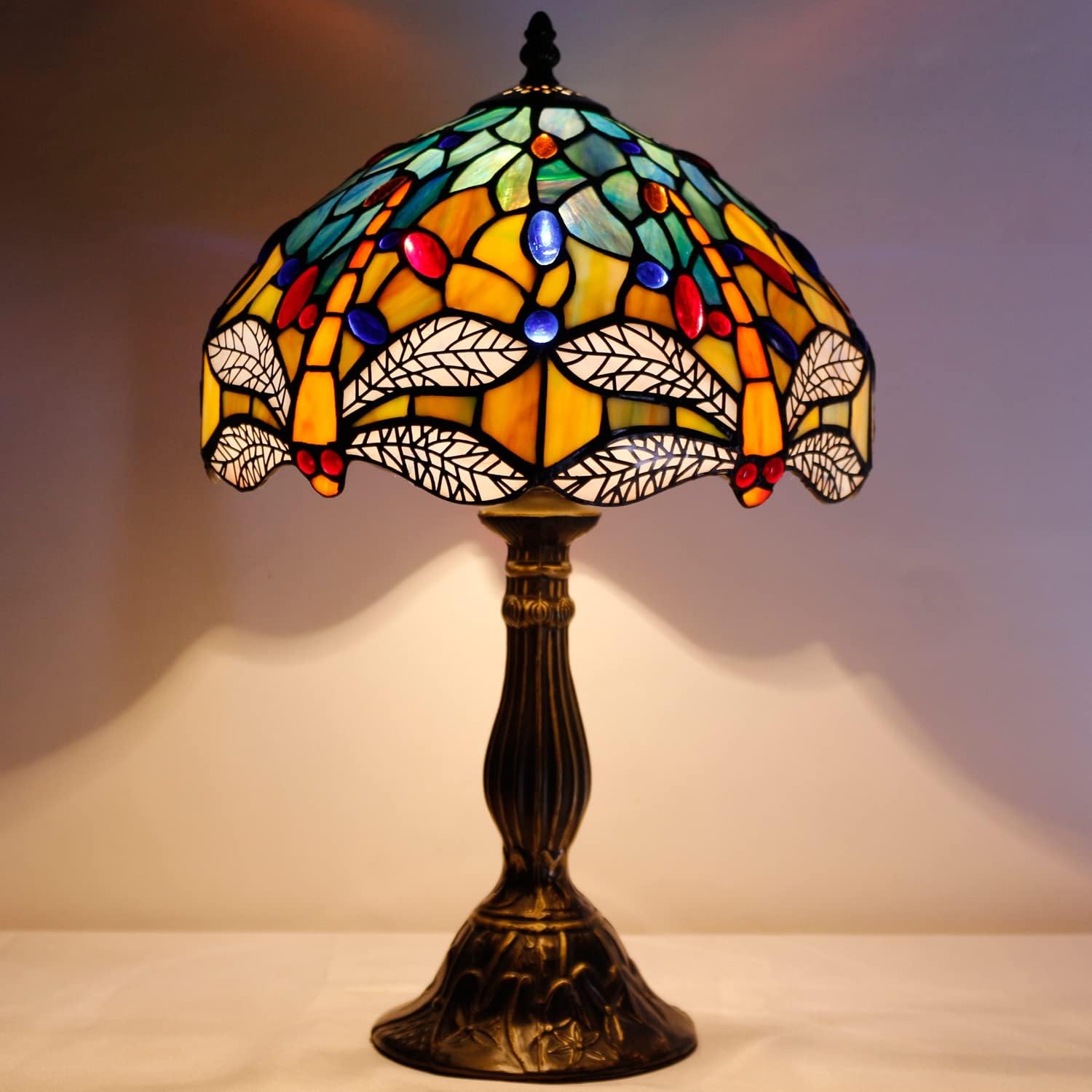 GEDUBIUBOO  Lamp Sea Blue Yellow Stained Glass Dragonfly Style Table Lamp Nautical Reading Desk Bedside Light 12X12X18 Inches Decor Bedroom Living Room  Office S128 Series