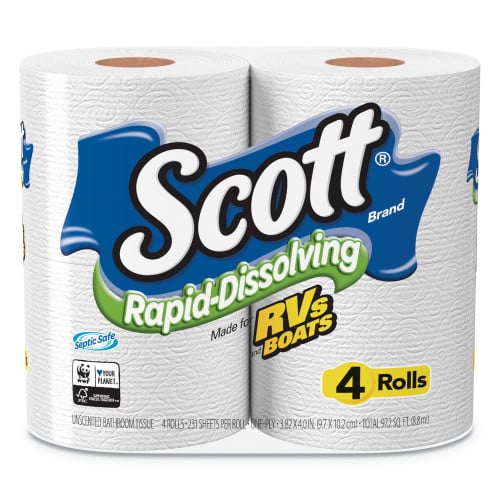 Scott Rapid-Dissolving Toilet Paper， Bath Tissue， Septic Safe， 1-Ply， White， 231 Sheets/Roll， 4/Rolls/Pack， 12 Packs/Carton (47617)