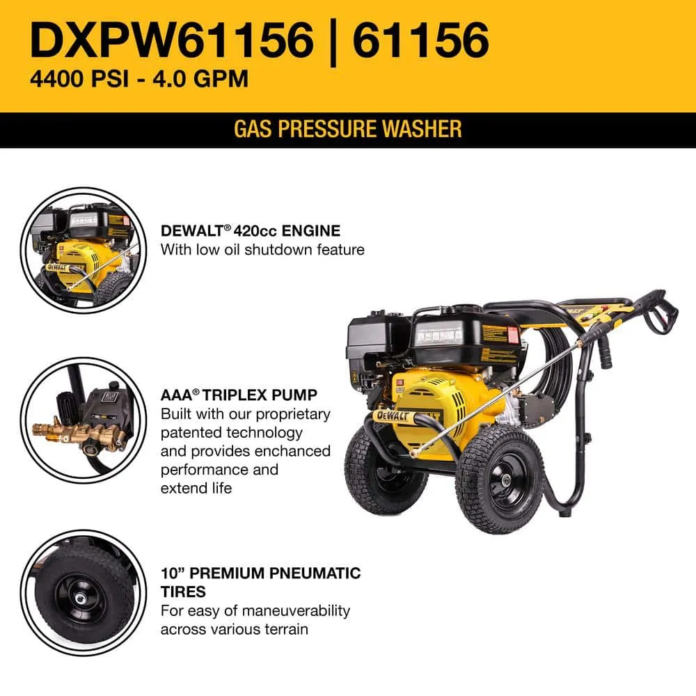 DEWALT 4400 PSI 4.0 GPM Gas Cold Water Pressure Washer with DEWALT 420cc Engine DXPW61156