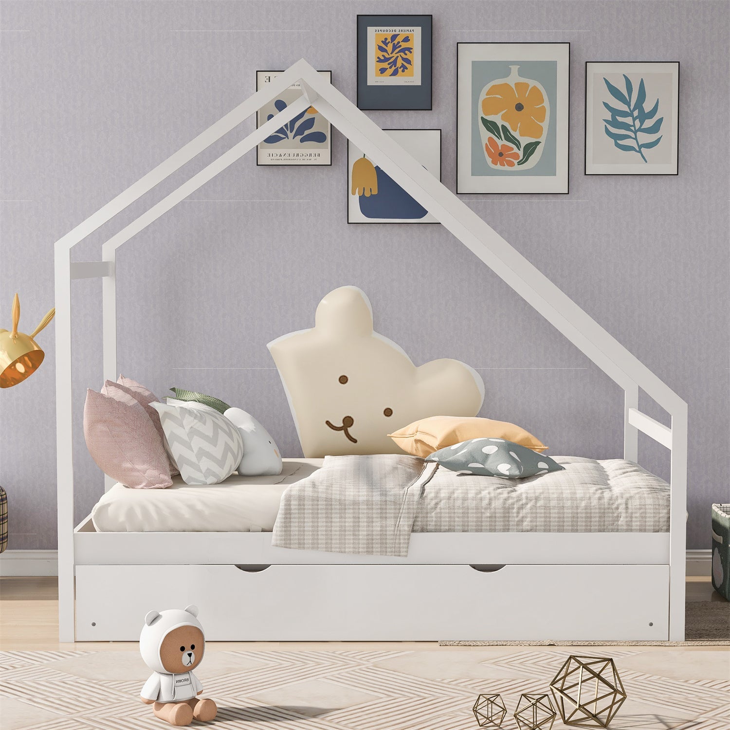Twin House Bed with Twin Trundle, Wood Floor House Bed Frame for Kids, Boys and Girls, No Box Spring Required, White