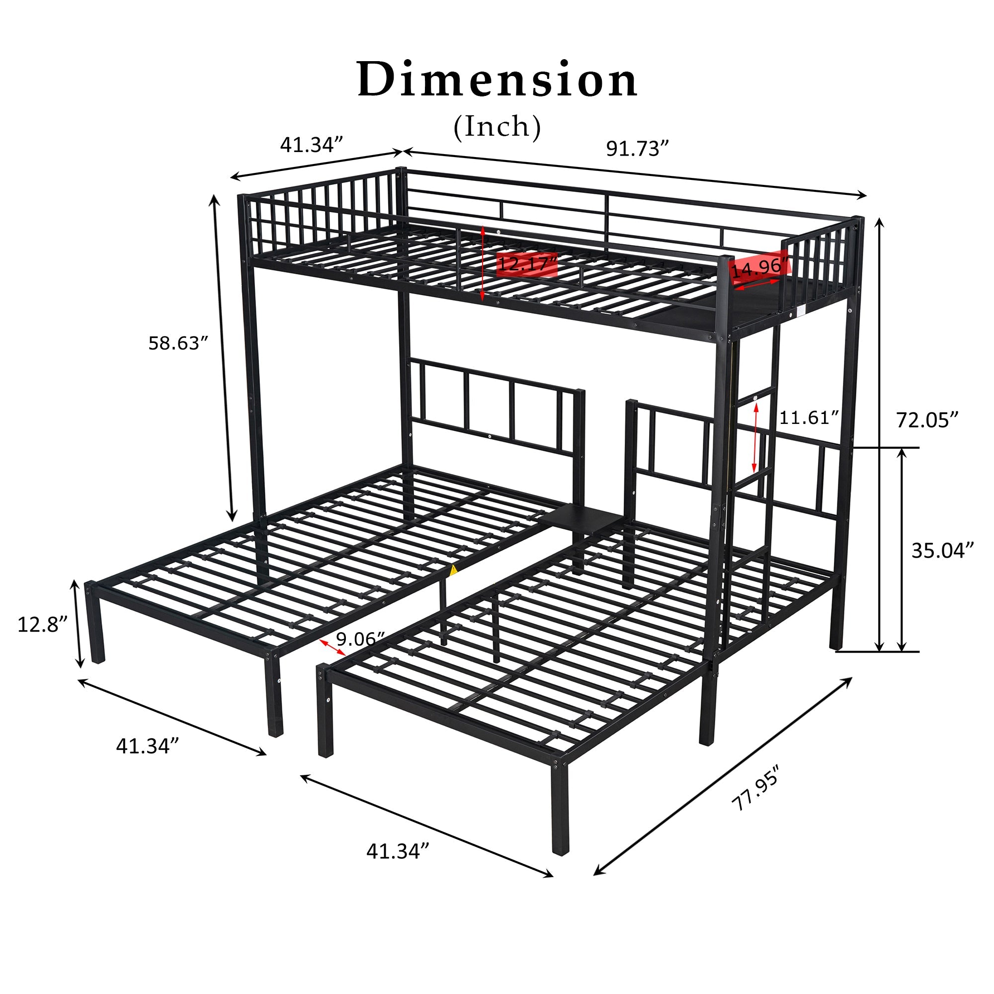 Metal Twin Triple Bunk Bed, Twin over Twin over Twin Bunk Bed for 3 Kids, Noise Reduced Structure, Separates Into 3 Twin Beds, Black