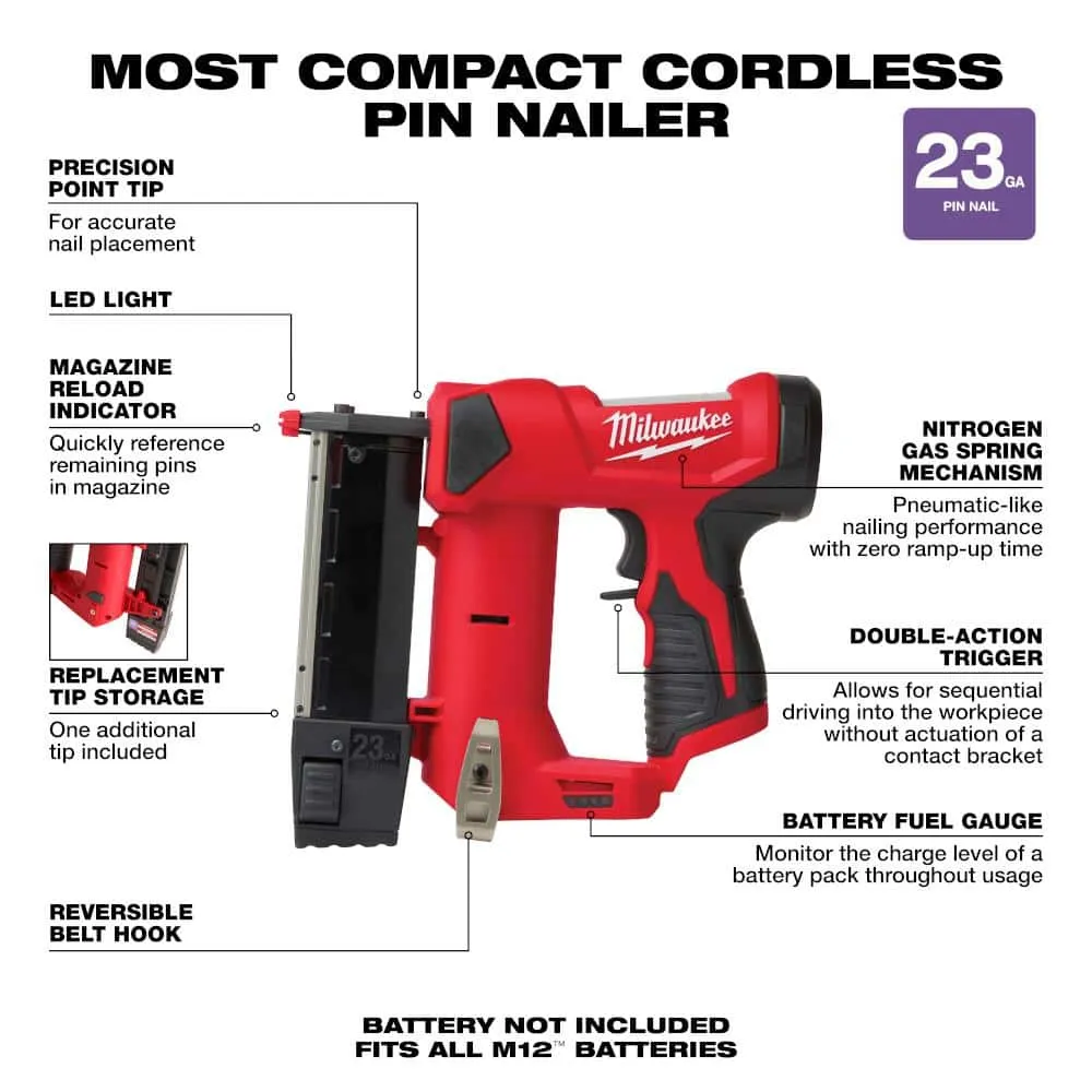 Milwaukee M12 12-Volt 23-Gauge Lithium-Ion Cordless Pin Nailer with  M12 2.0 Ah Battery 2540-20-48-11-2420