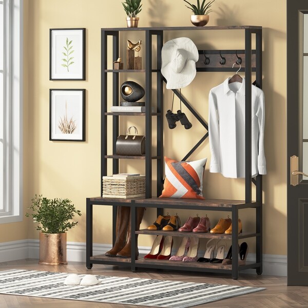 4-in-1 Entryway Hall Tree with Side Storage Shelves - - 37386944