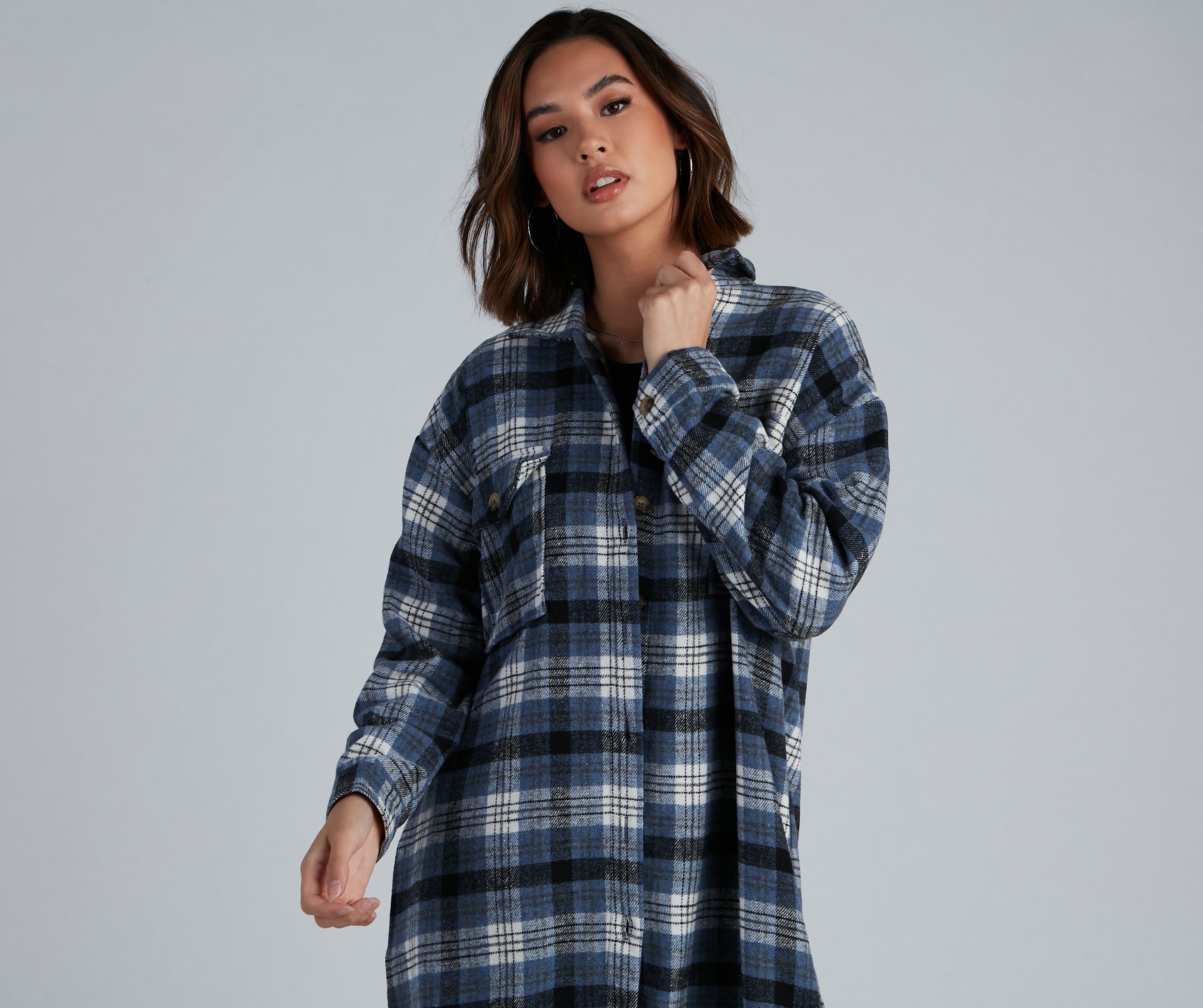 Casual-Cozy Long Line Plaid Shacket