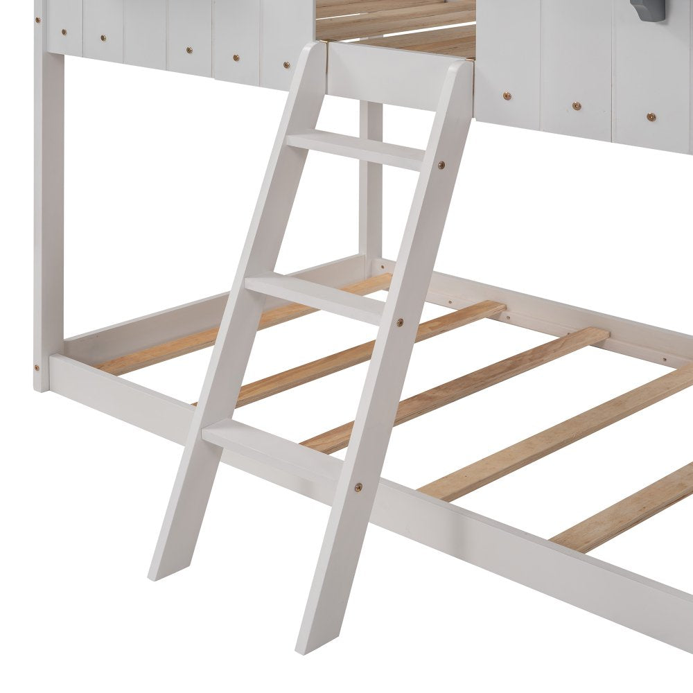 Hassch Wood Bunk Bed Twin/Twin Size Modern Kids Bed Frame with Roof, Ladder, Windows, White