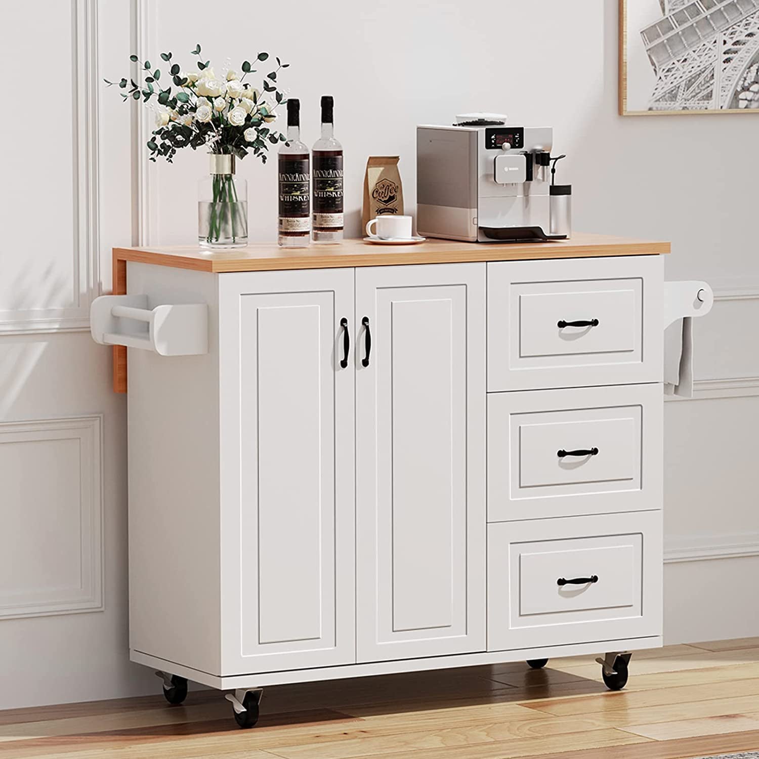 Catrimown Kitchen Island  Cart with Storage， Drop Leaf Kitchen Island on Wheels， Wood Countertop， Lockable Casters， White