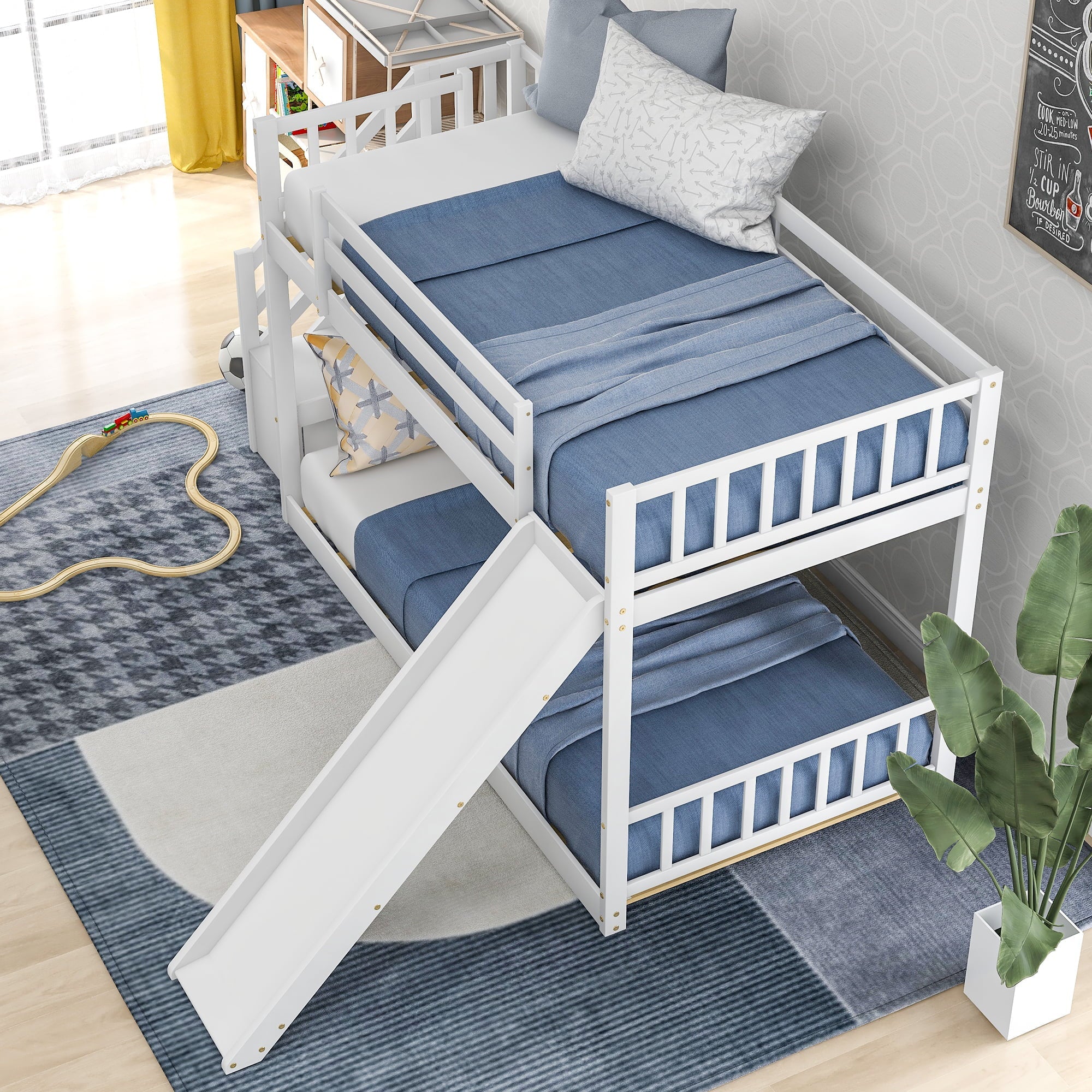 Euroco Twin over Twin Bunk Bed with Slide and Stairway for Kids' Room, White