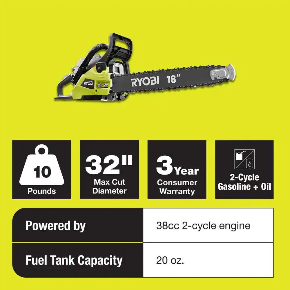 RYOBI RY3818 18 in. 38cc 2-Cycle Gas Chainsaw with Heavy Duty Case
