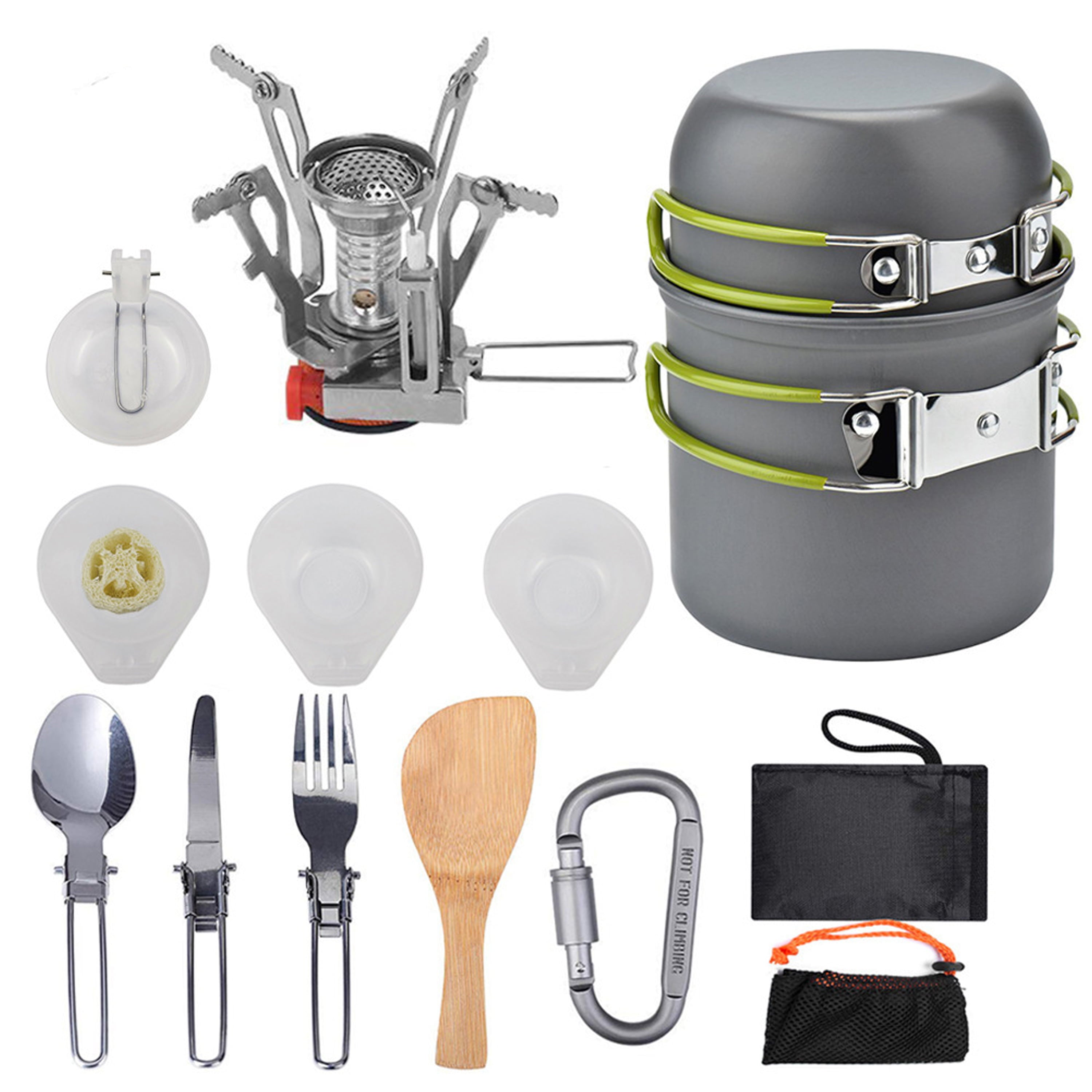 13 PCS Camping Cookware Mess Kit Campfire Kettle Outdoor Hiking Backpacking Picnic Cooking Pot Pan Bowl, Mini Stove, Stainless Steel Cup, Knife Spoon Set
