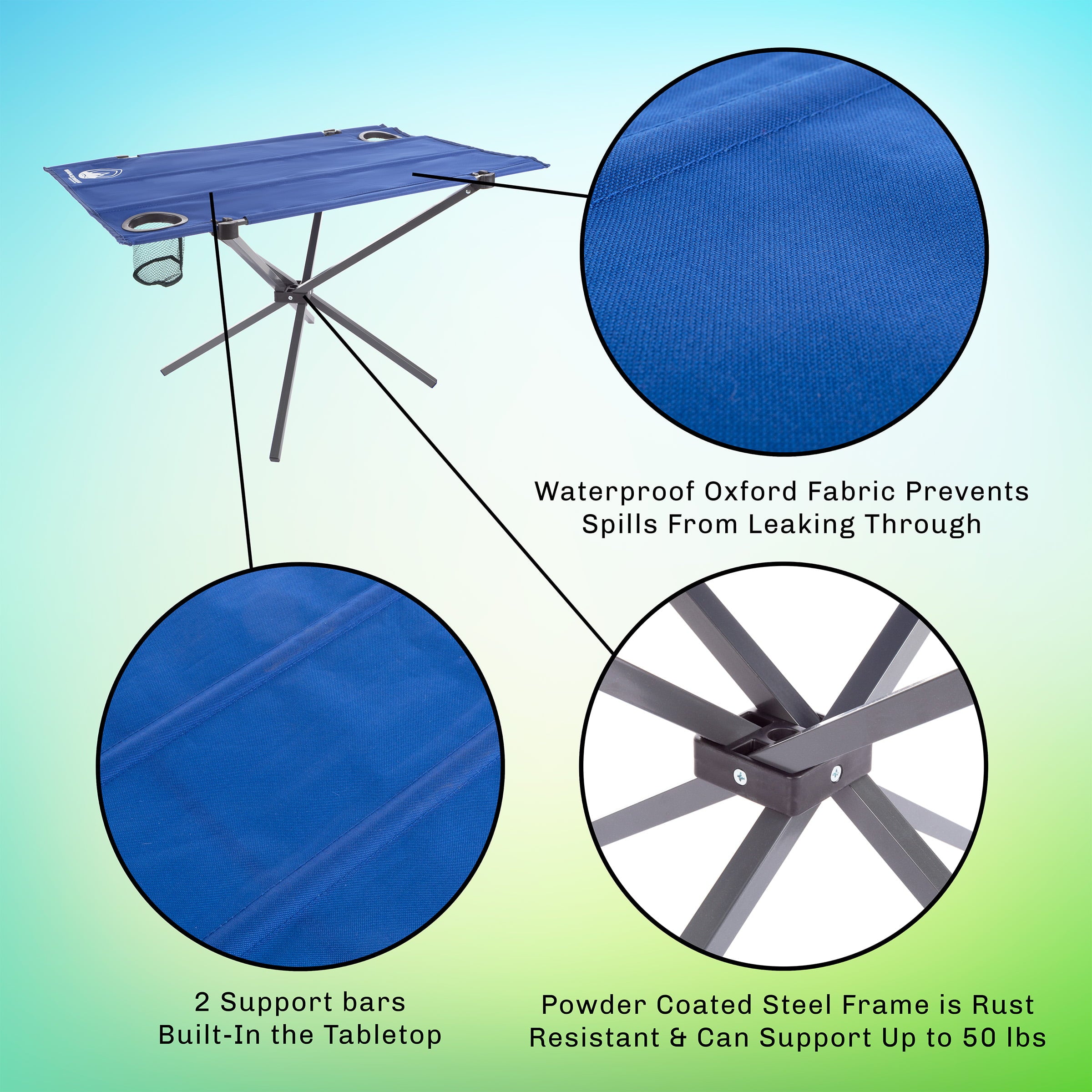 Camp Table-Outdoor Folding Table with 2 Cupholders and Carrying Bag-For Camping， Hiking， Beach， Picnic， or Sporting Events by Wakeman Outdoors (Blue)