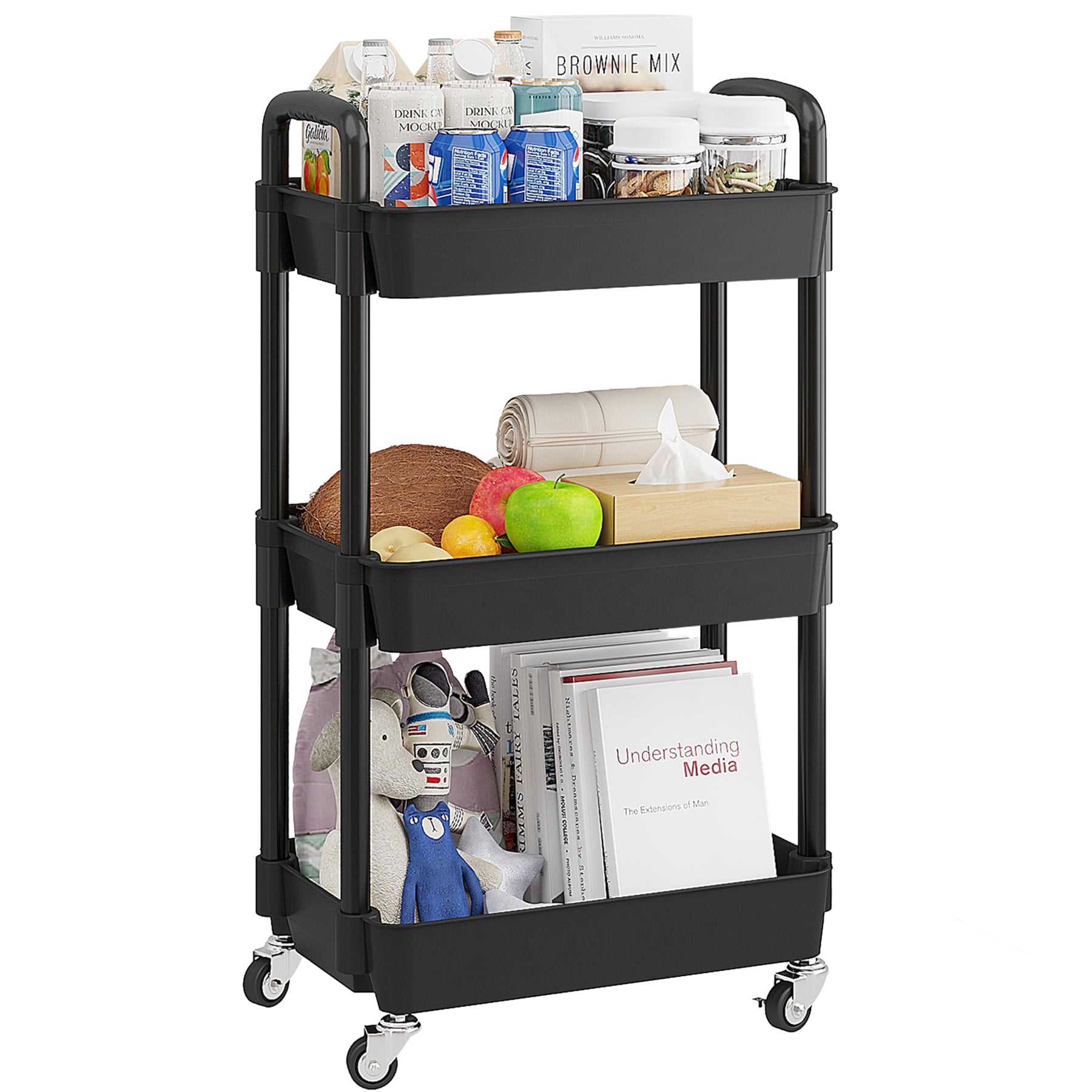 UDEAR 3-Tier Rolling Utility Cart with 12 Category Labels，Multifunctional Storage Shelves with Handle and Lockable Wheels for Room，Office，Kitchen，Bathroom，Black