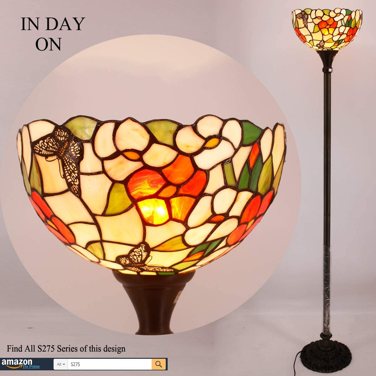 BBNBDMZ bzfwm  Floor Lamp Butterfly Amber Stained Glass Light 12X12X66 Inches Pole Torchiere Standing Corner Torch Uplight Decor Bedroom Living Room  Office S275 Series