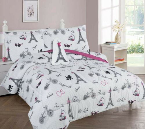 Bedding comforter in full size paris bonjour design matching sheet set for kids bedroom décor for girls boys 8 pieces