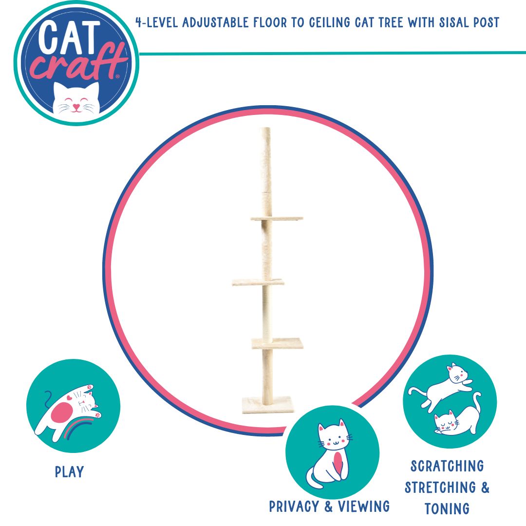 Cat Craft 4-Level Adjustable Floor to Ceiling Cat Tree with Sisal Post (7.5-9' Ceiling) Cream