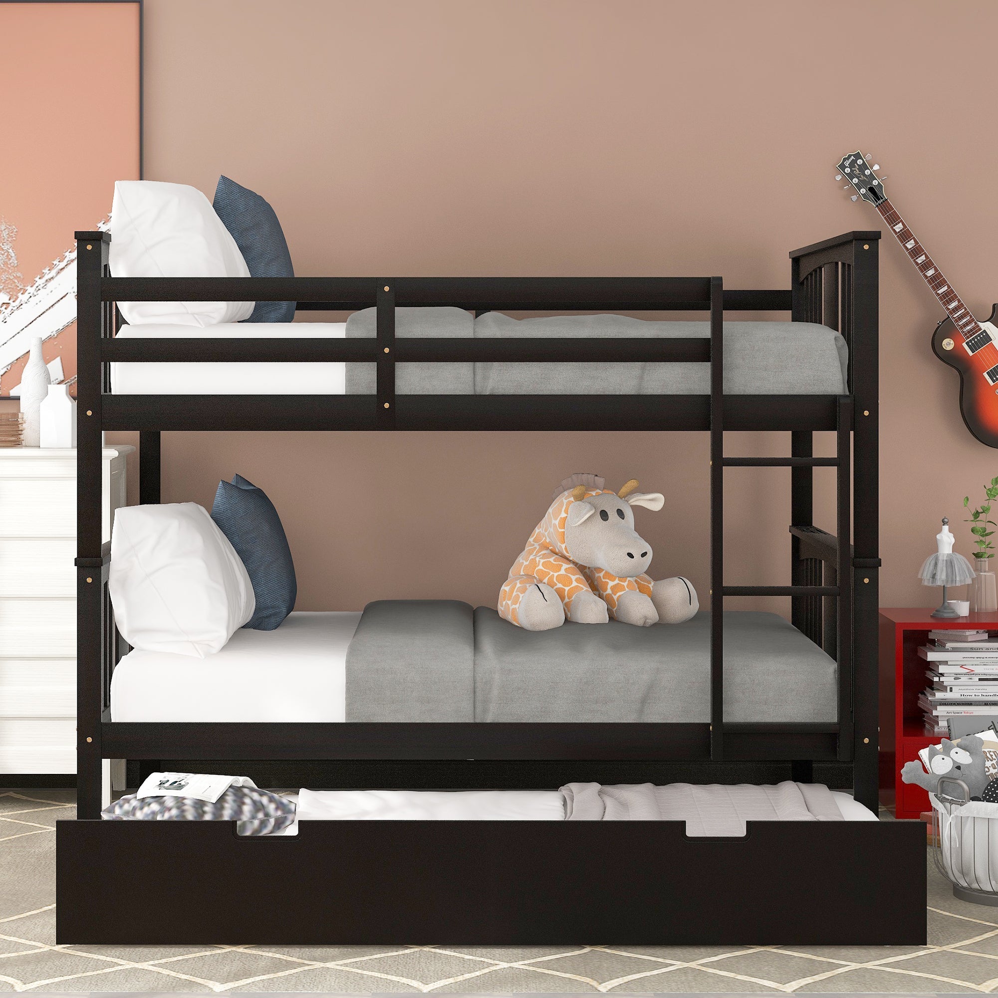 Full Over Full Bunk Bed with Twin Trundle Wood Bunk Bed Frame with Guard Rails and Ladder for Kids Boys Girls Teens Adults, Can be Convertible to 2 Beds,Espresso