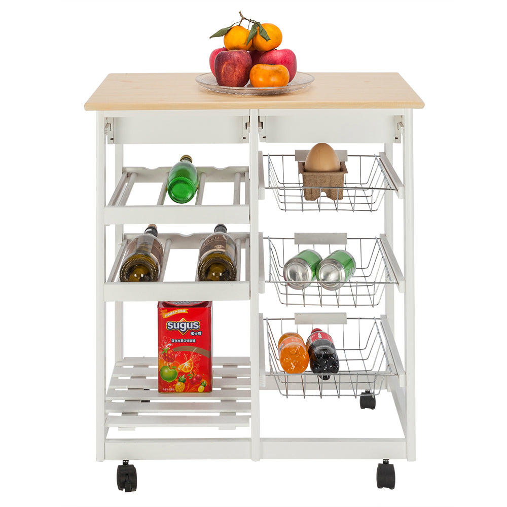Kitchen Island Cart Trolley， Sturdy Microwave Oven Stand Storage Cart on Wheel with 2 Drawers， 3 Metal Baskets， 3 Shelf Panels， Heavy Duty Utility Carts， Rolling Cart Holds up to 220 lbs， Q3534