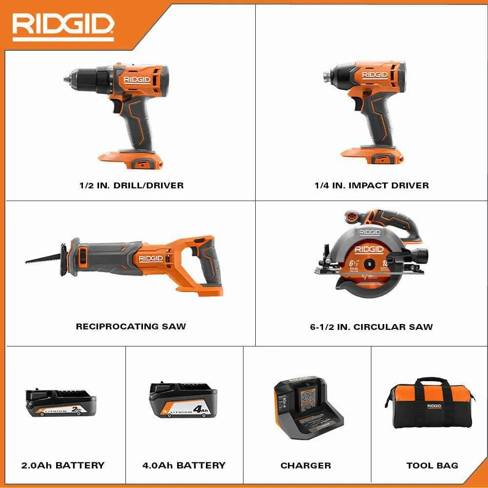 RIDGID 18V Cordless 4-Tool Combo Kit with (1) 4.0 Ah Battery, (1) 2.0 Ah Battery, Charger, and Bag R96256